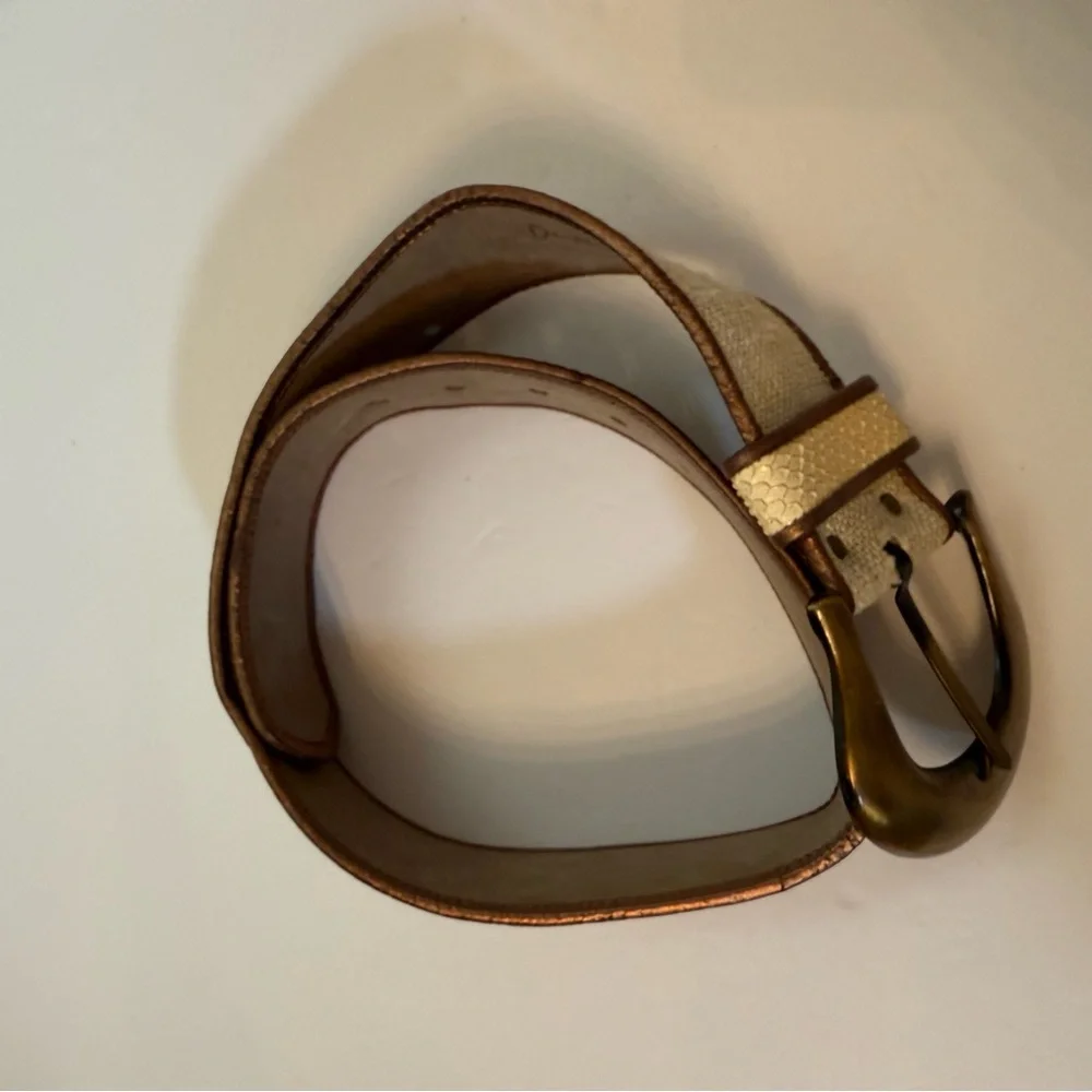 DUSTY BAKER BELT WIDE CREAM FABRIC SNAKESKIN METALLIC BRONZE GOLD SIZE M